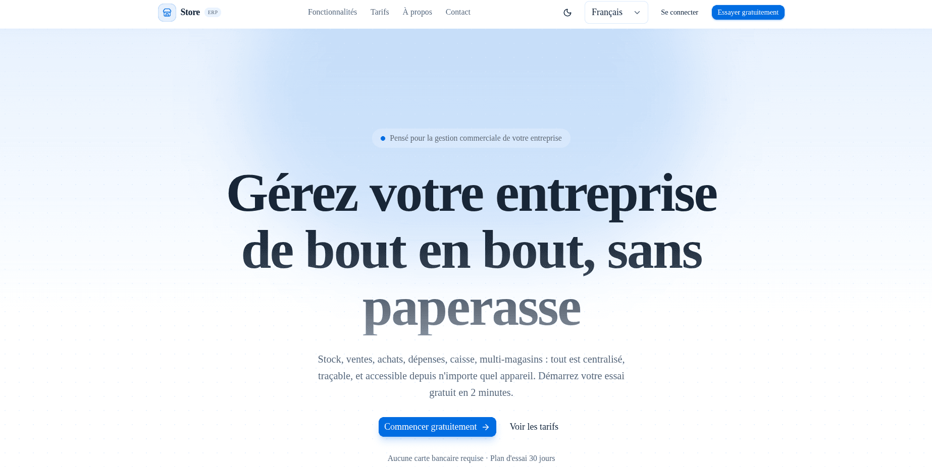 Store ERP — page d'accueil publique